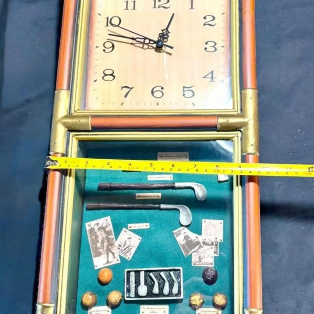 Vintage Looking Shadowbox Wood And Brass Accent Clock History Of Golf. 19